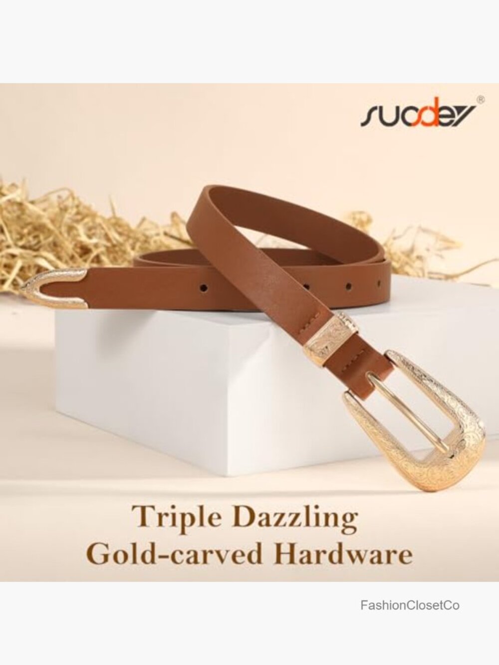Western Skinny Vegan Leather Belt with Carved Buckle for Women - 0.8" Width, 9 - Picture 5 of 7
